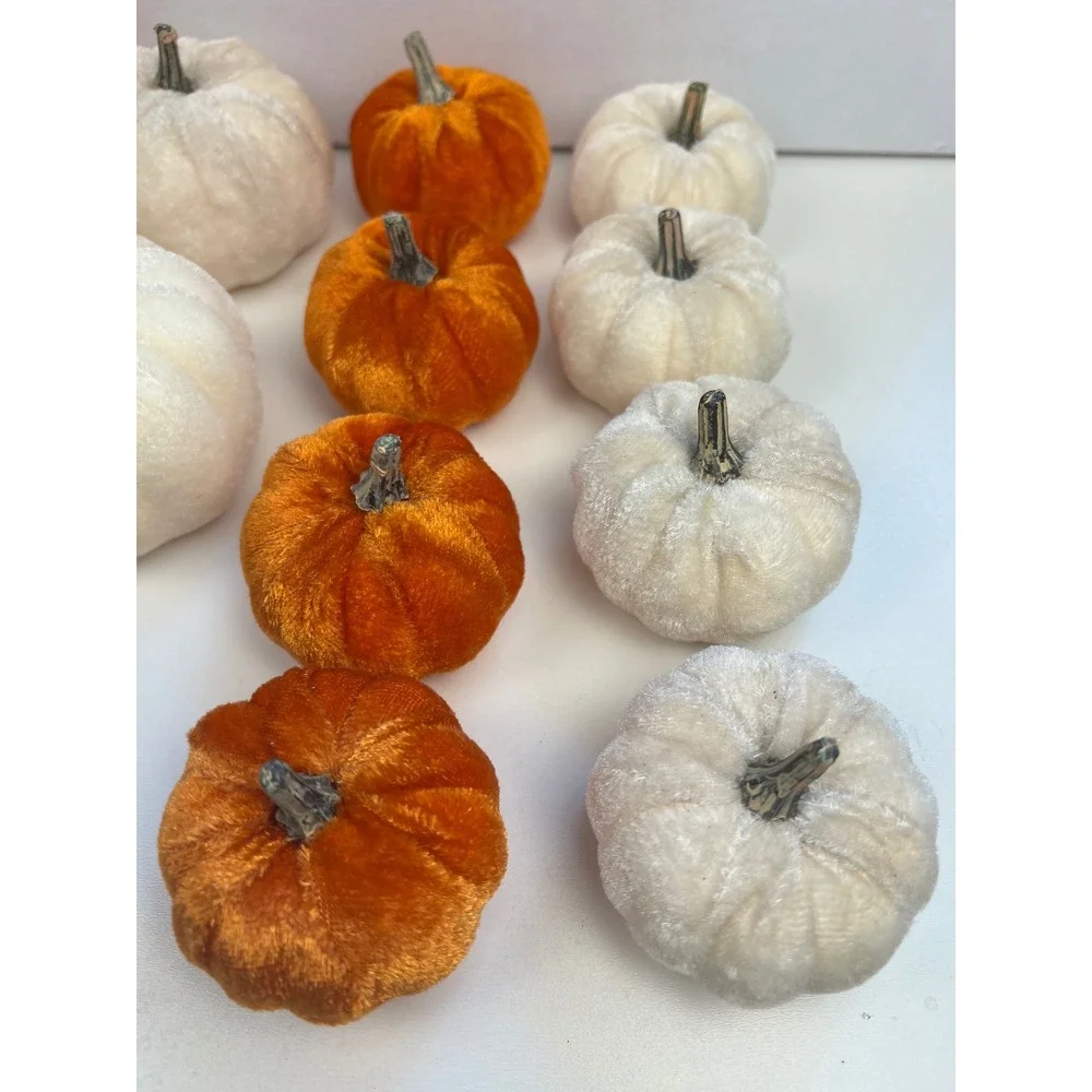 Set of 12 Velvet Pumpkins Fall Autumn Decor Orange White Miniature Faux Pumpkins
